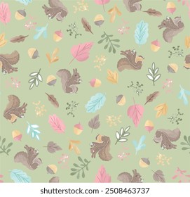 Brillante conjunto de lindos animales del bosque con Elementos de la naturaleza. Ideal para scrapbooking, postales, carteles, etiquetas, pegatinas. Ilustración vectorial dibujada a mano. Lindo patrón sin fisuras con, ardilla, bellotas, 