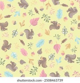 Bright set of cute forest animals with elements of nature. Ideal for scrapbooking, postcards, posters, tags, stickers. Hand drawn vector illustration. Cute seamless pattern with, squirrel, acorns, 