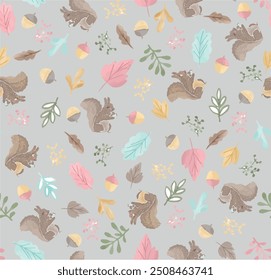 Bright set of cute forest animals with elements of nature. Ideal for scrapbooking, postcards, posters, tags, stickers. Hand drawn vector illustration. Cute seamless pattern with, squirrel, acorns, 