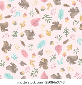 Brilhante conjunto de fofos animais da floresta com elementos da natureza. Ideal para scrapbooking, cartões postais, cartazes, etiquetas, adesivos. Ilustração de vetor desenhada à mão. Bonito padrão sem emenda com, esquilo, bolotas, 