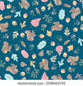 Bright set of cute forest animals with elements of nature. Ideal for scrapbooking, postcards, posters, tags, stickers. Hand drawn vector illustration. Cute seamless pattern with, squirrel, acorns, 