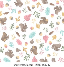 Bright set of cute forest animals with elements of nature. Ideal for scrapbooking, postcards, posters, tags, stickers. Hand drawn vector illustration. Cute seamless pattern with, squirrel, acorns, 