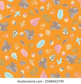 Bright set of cute forest animals with elements of nature. Ideal for scrapbooking, postcards, posters, tags, stickers. Hand drawn vector illustration. Cute seamless pattern with, squirrel, acorns, 