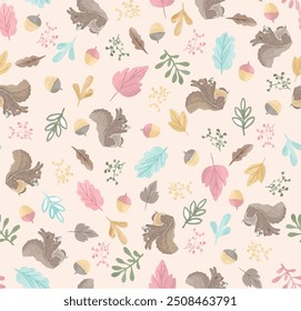 Brillante conjunto de lindos animales del bosque con Elementos de la naturaleza. Ideal para scrapbooking, postales, carteles, etiquetas, pegatinas. Ilustración vectorial dibujada a mano. Lindo patrón sin fisuras con, ardilla, bellotas, 