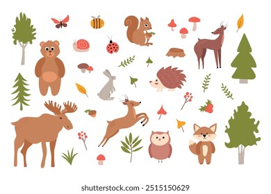 Bright set of cute forest animals with elements of nature. Ideal for scrapbooking, postcards, posters, tags, stickers. Hand drawn vector illustration.