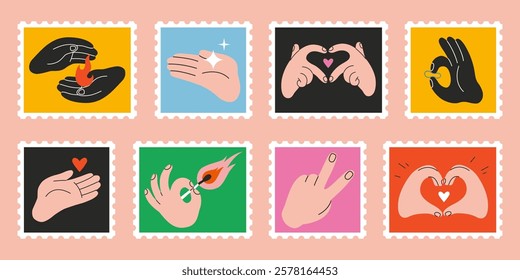 Bright Set of cute hand-drawn post stamps with Hands gestures. Gesturing human arms making Heart shape, showing peace sign, hold star, fire and match. Trendy modern vector illustarations, flat design