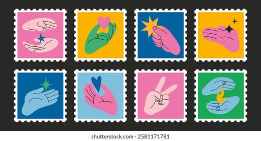 Bright Set of cute hand-drawn post stamps with Hands gestures. Gesturing human arms showing peace sign, hold Heart, star and fire. Trendy modern vector illustarations, flat design