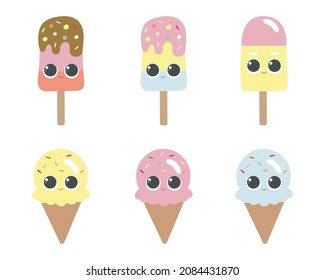 Helle Reihe süßer Eis-Figuren im Cartoon-Stil. Vektorgrafiken auf weißem Hintergrund. Verwenden Sie im Menü, im Shop, in der Bar, Symbole, Karte oder Aufkleber.