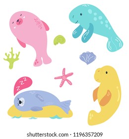 Bright set with cute marine animals. Cartoon underwater collection. Seals and sea-cows