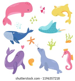 Bright set with cute marine animals. Cartoon sea collection. Whale, seal, seahorse, shark, skate