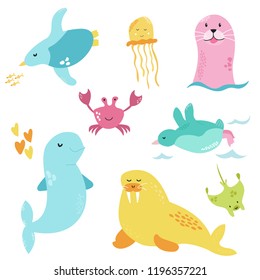 Bright set with cute marine animals. Cartoon sea collection. Penguin, beluga, walrus, seal, crab, jellyfish, skate