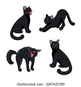 Bright set of cute realistic black cats in different poses, for Halloween. The cat hisses, stretches, meows, sits. Pets. For stickers, posters, postcards, design elements. Cartoon style.
