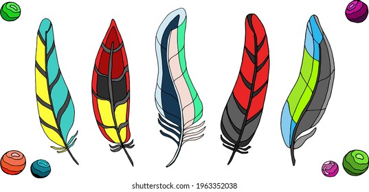 A bright set of different colored feathers and beads.