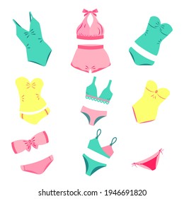 Bright set of different drawn women's swimwear isolated on white background. Illustration of beachwear for ladies.