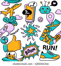 Bright set from different trend icons. Seamless background