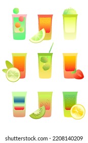 Bright set drinks shooter glass. Vector image with texture and gradient set alcoholic drinks. Drinks with berries. Glass of tequila, vodka, cocktail, shot drink. Vector illustration on white back