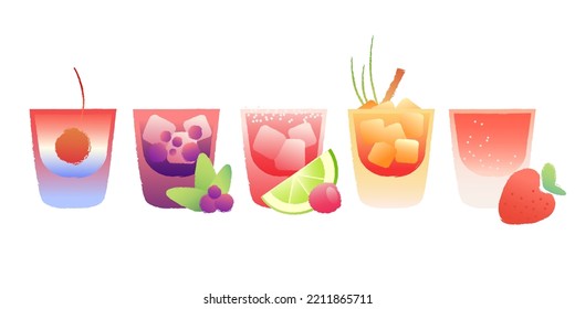 Bright set of drinks tumbler glass. Vector image with texture and gradient set. Drinks with berries and citrus. Bloody Mary. Drink with alcohol and tonic