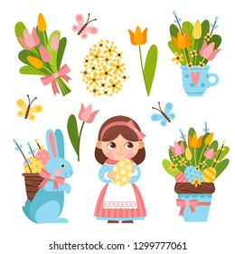 Bright set of Easter illustrations in cartoon style. Cute girl, a bouquet of primroses, Easter eggs, Easter bunny.