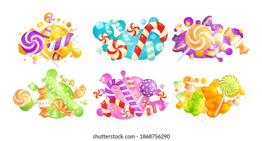 Conjunto luminoso de elementos de caramelos y caramelos de gelatina, ilustración vectorial. Una variedad de dulces para una tienda online. Emblema para los regalos de Año Nuevo. Ositos y caramelos de caramelo en un punto de color