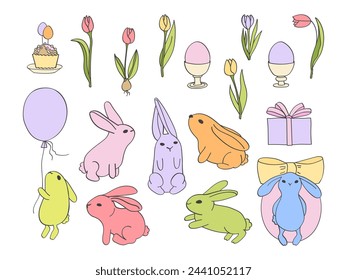 A bright set of elements for Easter decor. Collection of elements in doodle style. Vintage vector illustration. Rabbits, eggs and flowers.