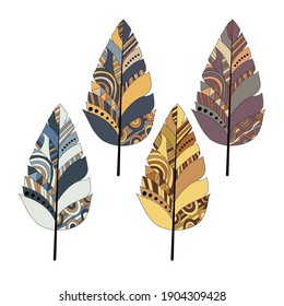 Bright set of feathers in vector with colorful motifs and geometric shapes. Stock vector.