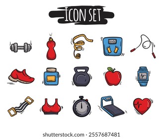 Bright set of fitness, sport icons. Hand drawn signs and symbols of sports equipment, active lifestyle, gym, training. Collection of vector editable graphics