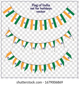 Bright set with flag of India. Happy India day flags. Colorful collection with flag. Vector illustration with transparent background.