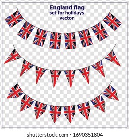 Bright set with flags of England for holidays. Happy England day background. Vector illustration with transparent background.
