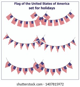 Bright set with flags of USA for holidays. Happy America day background. Vector illustration with white background.