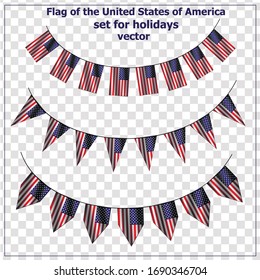 Bright set with flags of USA for holidays.  Happy America day background. Vector illustration with transparent background.