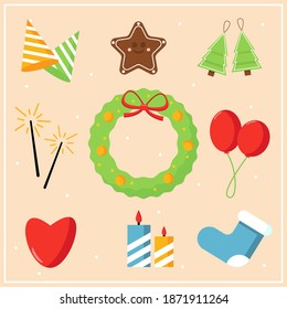A bright set of flat illustrations drawn in a vector on a winter theme. Holiday vector icons for packaging, design, books, posters.