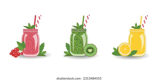 Bright set of fruit and berry smoothies with mint leaves on a white background. Currant, orange, kiwi.