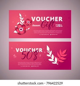 Bright set of gift voucher with flower and leaves. Gift certificate for a holiday