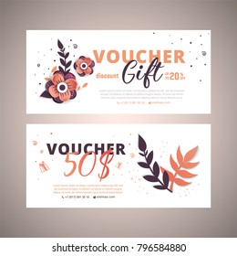 Bright set of gift voucher with flower and leaves.50 dollars discount Gift certificate for a holiday