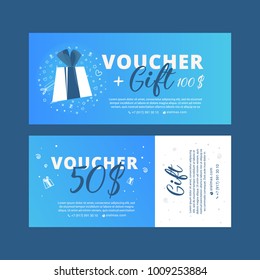 Bright set of gift voucher with100 dollars discount. Gift certificate for a holiday