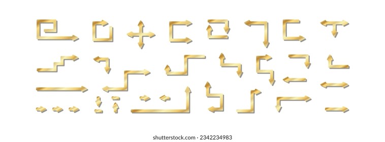A bright set of golden arrows on a white background.