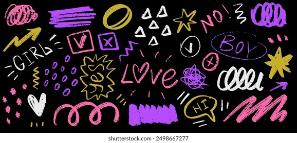 Bright set of graffiti girly style collage elements. Hand drawn charcoal doodle, lettering collection. Pencil drawn shapes of crown, sribbles, squiggles, calligraphy text, heart on black backdrop.