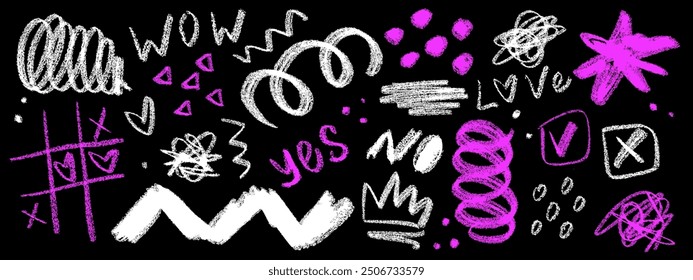 Bright set of graffiti girly style collage elements. Hand drawn charcoal doodle, lettering collection. Pencil drawn shapes of crown, sribbles, squiggles, calligraphy text, heart on black backdrop.