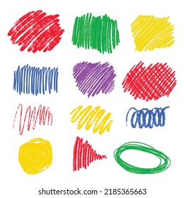 Bright set of hand drawn colored pencil wax crayon scribbles on white background. Vector design elements for school, children design.