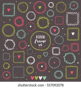 Bright set of hand drawn round and square floral frame on brown background