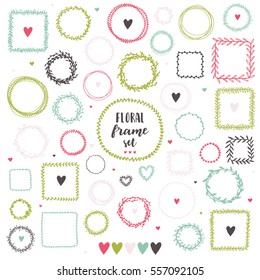 Bright set of hand drawn round and square floral frame on white background