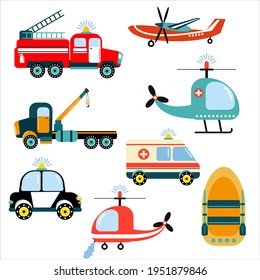 Bright set of hand-drawn cars - rescuers. Illustration for children. Flat style. White background, isolate. Vector illustration.