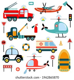 Bright set of hand-drawn cars - rescuers. Illustration for children. Flat style. White background, isolate. Vector illustration.	