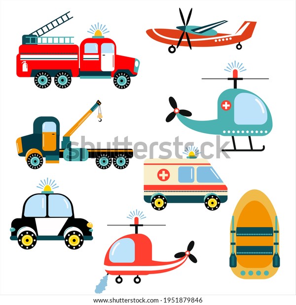 Bright set of hand-drawn cars - rescuers.\
Illustration for children. Flat style. White background, isolate.\
Vector illustration.
