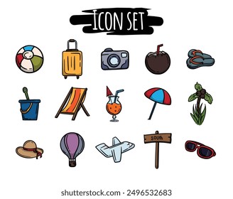 A bright set of hand-drawn icons related to travel, tours, recreation, sea and vacation. Simple vector signs and symbols for website design, application, banners