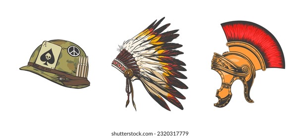 Brillante conjunto de direcciones del soldado, gladiador y jefe de la tribu de los Estados Unidos en estilo de ahogamiento manual para impresión y diseño. Ilustración vectorial.