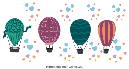 Bright set of hot air balloons with hearts