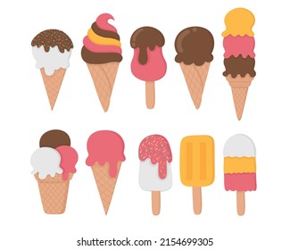 Bright set of ice cream. Flat doodle clipart. All objects have been repainted.