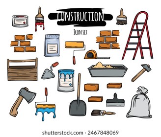 Bright set of icons of construction, repair, materials and tools. Editable vector illustration illustration