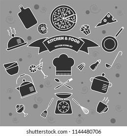 A bright set of icons on a theme: kitchen, meal, utensils. - vector illustration.